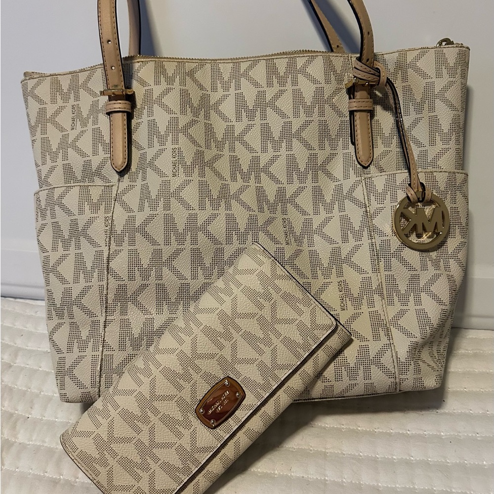 Michael Kors Monogram Beige Tote and Wallet. Pre-owned & loved. *see description